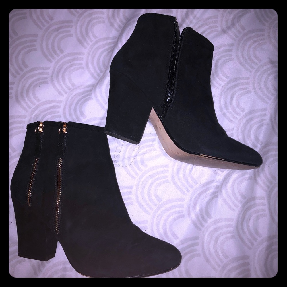 Dune London gold zipper suede black booties